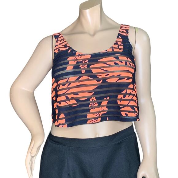 2B Bebe NWT Crop Top Sleeveless Leaf Print Blue/Orange Pullover Size M - Picture 1 of 8